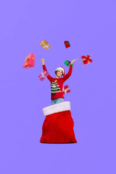 Powitanie Kolaż Obraz Małej Dziewczynki Stroju Świętego Mikołaja Rzucanie Sezonowe — Zdjęcie stockowe