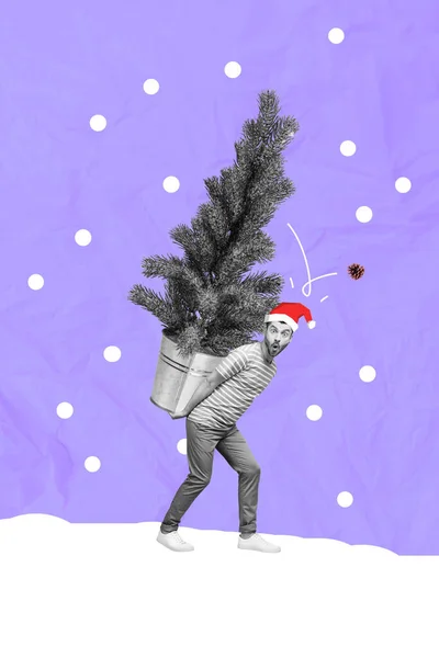 Colagem Foto Papai Noel Animado Ajudante Cara Segurar Grande Árvore — Fotografia de Stock