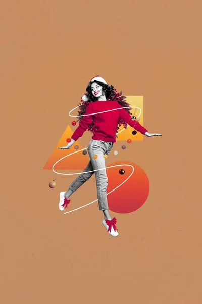 stock image Collage photo of young attractive santa claus helper woman jumping doodle decorations wear hat party invitation isolated on orange color background.