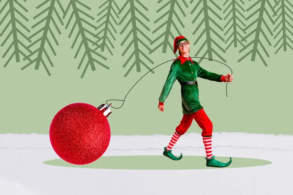 Colagem Cartaz Elfo Funky Engraçado Preparar Festa Natal Festivo Transportar — Fotografia de Stock