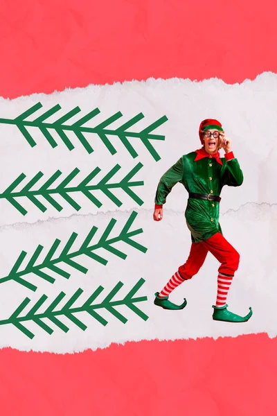 Advert Kollázs Kép Szórakoztató Elf Srác Séta Gyors Szezonban Karácsonyi — Stock Fotó