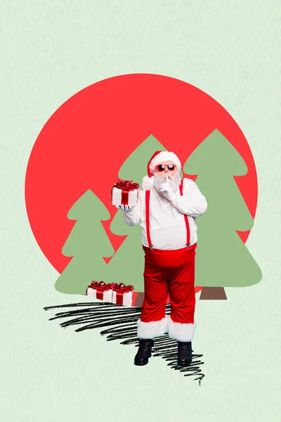Рождественский Коллаж Шаблон Санта Клауса Зарослях Леса Подготовить Подарочные Пакеты — стоковое фото
