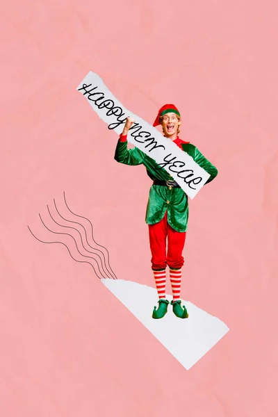 Elf Kostümlü Komik Adamın Resimli Kolajı Yeni Yıl Metin Indirimleri — Stok fotoğraf