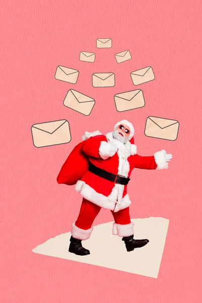 Plakat Sztandar Collage Funky Santa Claus Otrzymać Wiele Listów Dzieci — Zdjęcie stockowe