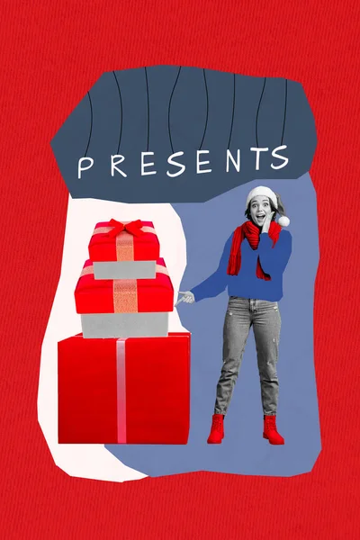 Κολάζ Διαφήμιση Της Έκπληξης Κυρία Στο Καπέλο Santa Claus Εντυπωσίασε — Φωτογραφία Αρχείου
