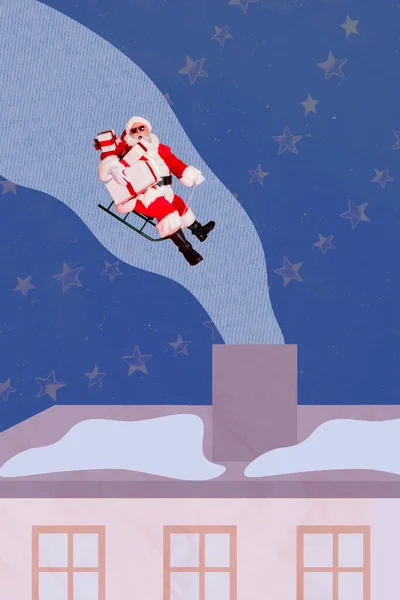 Pozvánka Obrázek Koláž Santa Claus Mají Vánoční Dárek Doručit Dětem — Stock fotografie