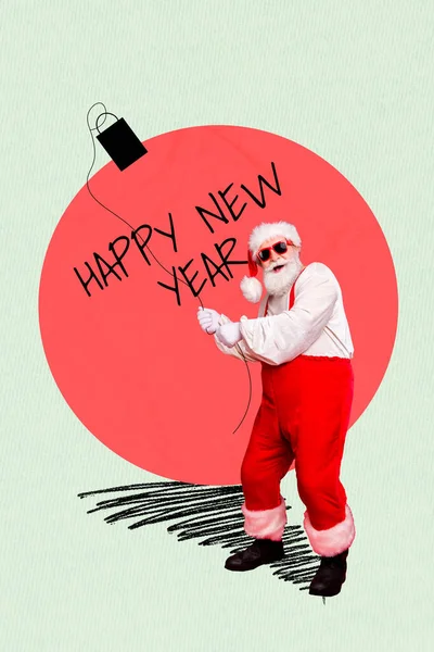 圣诞海报拼贴可笑的圣塔爪 用浅绿色背景的花环准备新年活动 — 图库照片