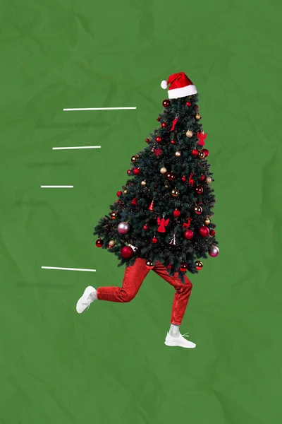 Collage Foto Von Abstrakten Lustigen Kopflosen Läufer Weihnachtsbaum Tragen Dekoration — Stockfoto