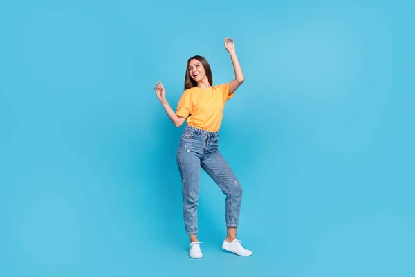Full Length Photo Charming Excited Lady Wear Yellow Shirt Dancing — Stock Photo, Image