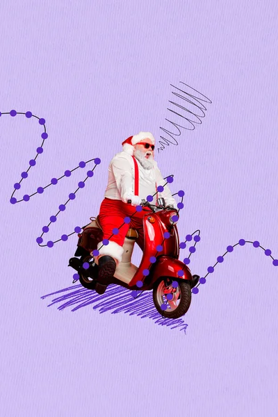 Nuovo Collage Immagini Anno Divertente Funky Babbo Natale Guidare Moto — Foto Stock