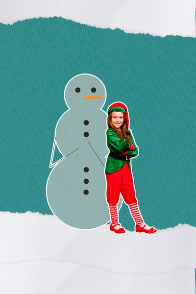 Poster Banner Image Collage Little Kid Elf Make Snowman Snow — Stock Photo, Image