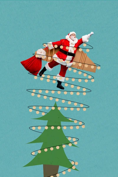Cartão Colagem Temporada Desconto Anúncio Engraçado Funky Santa Voando Com — Fotografia de Stock