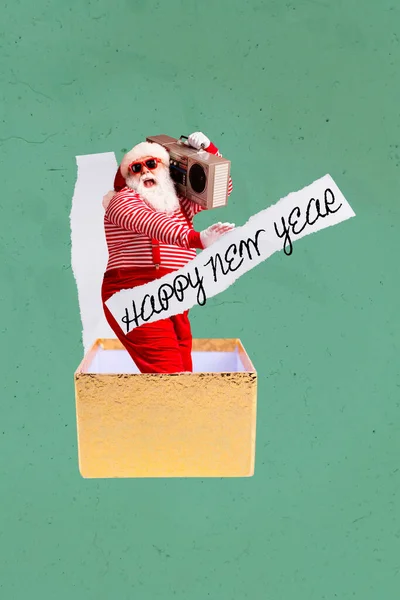 Affisch Collage Funky Santa Claus Från Öppna Paket Förbereda Sig — Stockfoto
