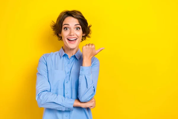 stock image Portrait photo of young attractive cute woman wear blue shirt excited unexpected reaction sale proposition summer low prices isolated on yellow color background.