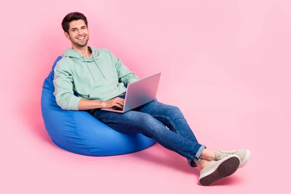Full Length Photo Positive Successful Man Sit Cozy Chair Use — Stock Photo, Image