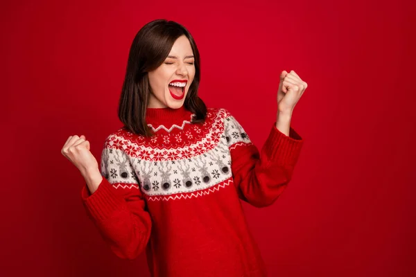 Portrait Excited Satisfied Woman Bob Hairdo Wear Red Sweater Eyes — Stock Photo, Image