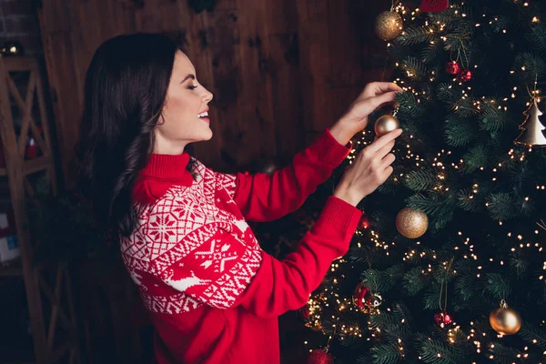 Profile photo of attractive peaceful girl enjoy hanging toys xmas tree spirit time house indoors.