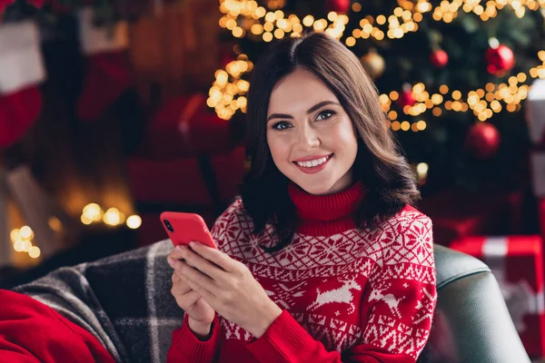 stock image Photo of positive charming lady sit chair hold telephone toothy smile spirit time house indoors.