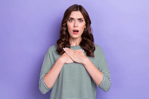 Portrait Photo Scared Grimace Woman Curly Long Hair Unexpected Reaction — Stock Photo, Image