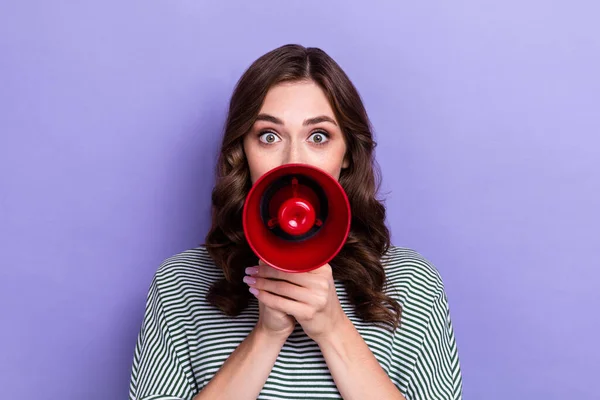 stock image Photo of adorable lady boss businesswoman hold megaphone command work team say hurry up isolated on purple color background.