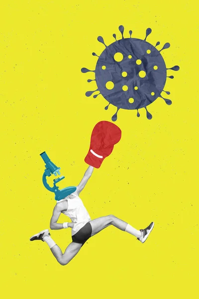 創造的な写真3Dコラージュアートワークポスター絵の背景に隔離されたウイルスと戦う若い医師科学者のポストカード — ストック写真