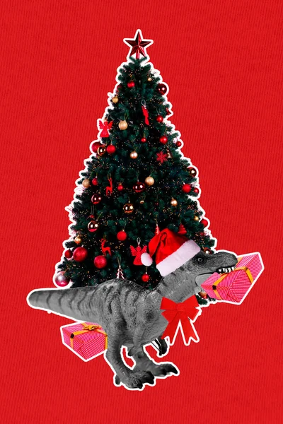 Üdvözlő Képeslap Kollázs Kis Dino Santa Claus Segítő Fog Újévi — Stock Fotó