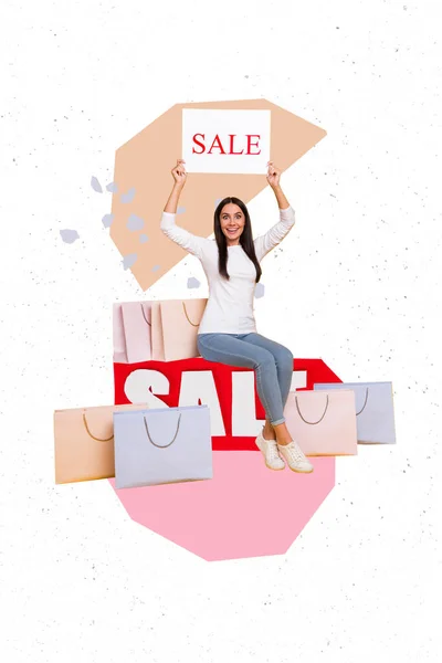 Collage Photo Excited Attractive Young Lady Hold White Paper Placard — Stock Photo, Image