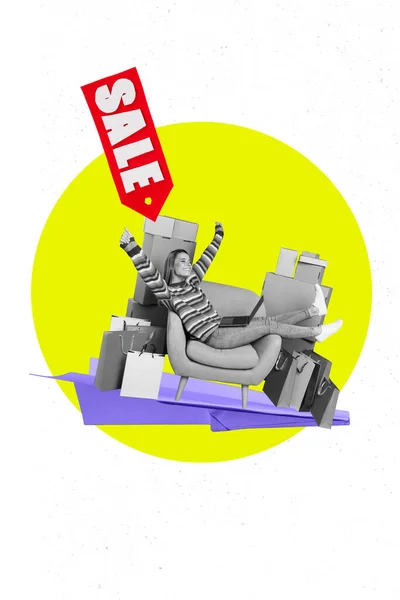 Colagem Foto Mulher Positiva Animada Sentado Cadeira Relaxado Hooray Punhos — Fotografia de Stock