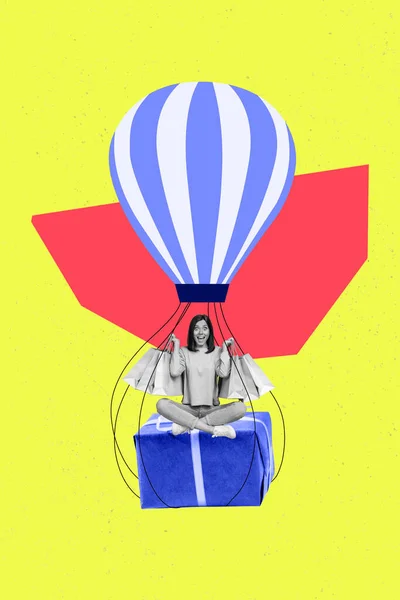 幸せな女の子のクライアントの創造的な写真3Dコラージュ作品顧客は休日のボックスは 絵画の背景に隔離された大きな空気の気球を飛ぶ座る — ストック写真