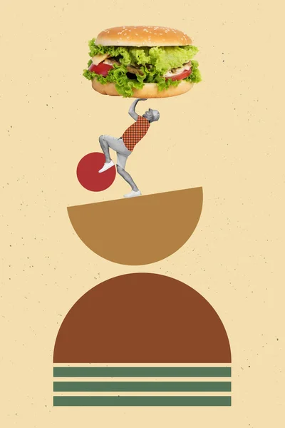 Collage Foto Del Ristorante Poster Mini Uomo Tenere Nuovo Hamburger — Foto Stock
