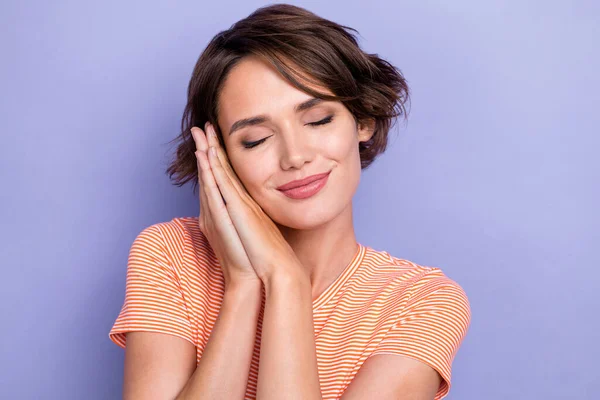 stock image Close up photo of pretty tender lady wear stylish clothes arm touch cheeks enjoy cozy atmosphere isolated on purple color background.