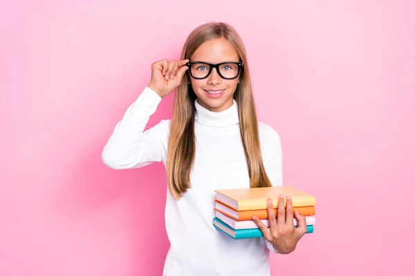 Photo Smart Positive Schoolchild Hand Touch Eyeglasses Hold Book Isolated — Stock Photo, Image