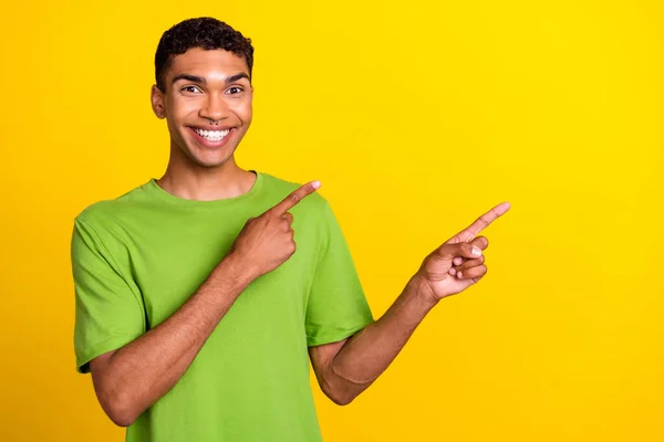 Photo Cheerful Funny Person Indicate Fingers Empty Space Offer Promo — Stock Photo, Image