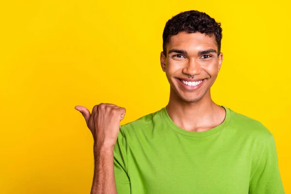 Closeup Photo Young Smiling Handsome Guy Finger Pointing Empty Space — Stock Photo, Image