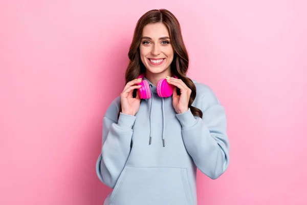 Photo Adorable Satisfied Person Beaming Smile Hands Touch Headphones Isolated — Stock Photo, Image