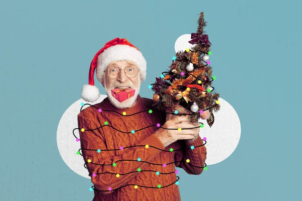 Banner Poster Collage Brochure Funny Pensioner Prepare Christmas Party Hold — Stock Photo, Image