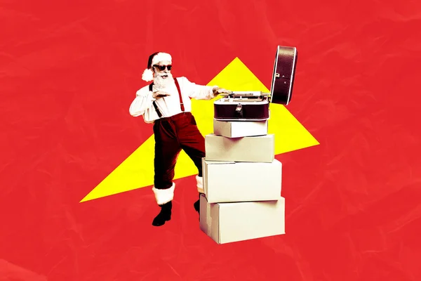 Poster Mas Collage Van Funky Kerstman Spelen Plaat Grammofoon Vieren — Stockfoto