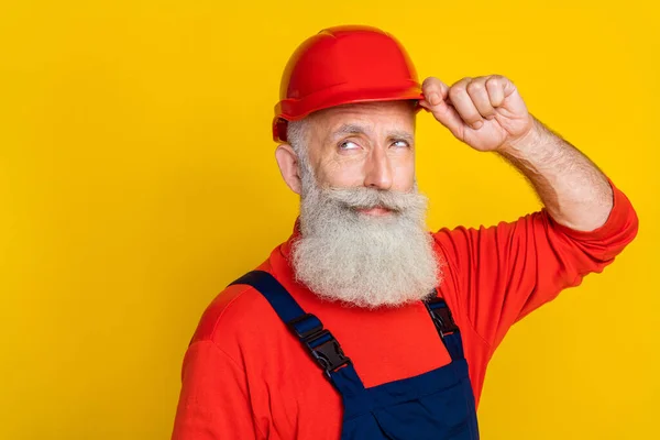 Photo Positive Thoughtful Age Man Workwear Overall Arm Red Hard — Stock Photo, Image