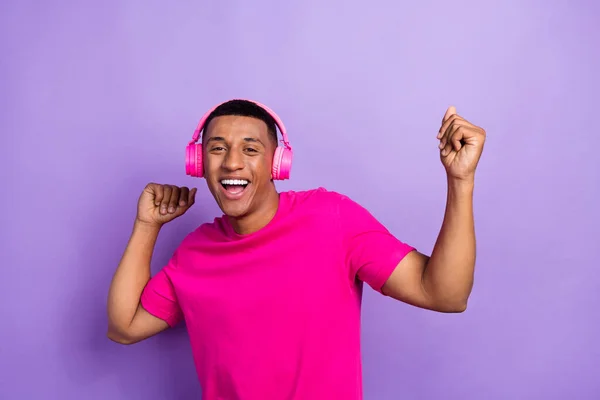 Photo Young Positive Excited Guy Dancing Celebrating Buy His New — Stock Photo, Image