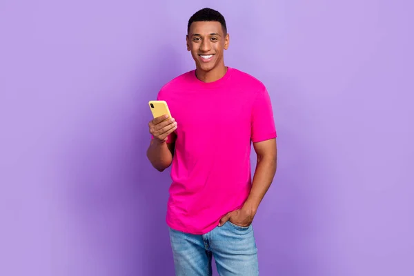 Photo Positive Handsome Optimistic Guy Box Haircut Dressed Pink Shirt — Stock Photo, Image