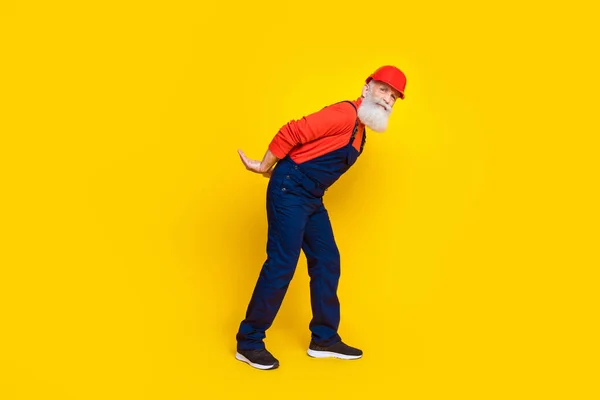 Photo Cute Funny Age Man Workwear Overall Red Hard Hat — Stock Photo, Image