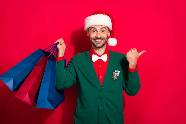 Photo Excited Cute Man Wear Mas Bowtie Green Cardigan Buying — Stock Photo, Image