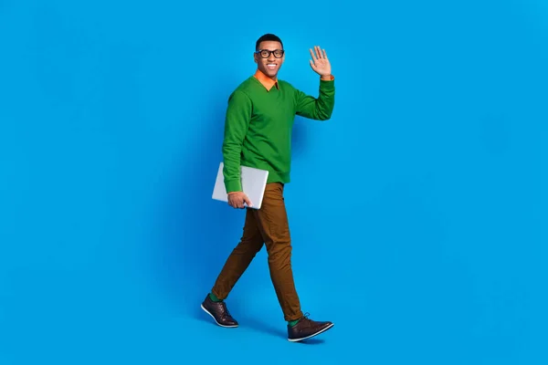 Full Body Length Photo Positive Professional Coder Student Guy Walking — Fotografia de Stock
