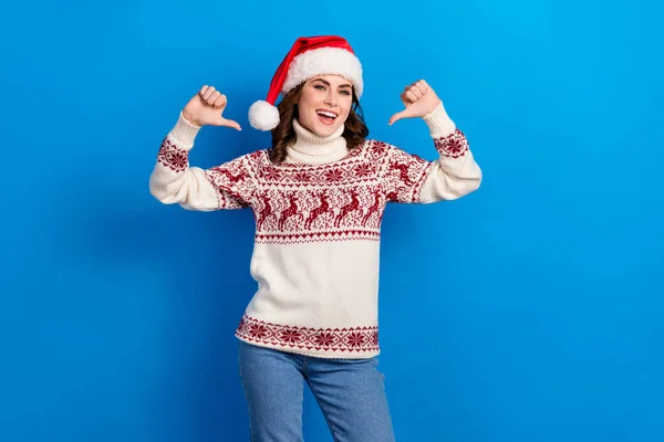 Photo Funny Confident Young Girl Dressed Print Sweater Claus Cap — Stock Photo, Image