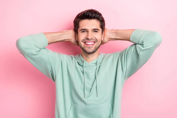 Portrait Satisfied Friendly Person Beaming Smile Arms Head Isolated Pink — Stock Photo, Image
