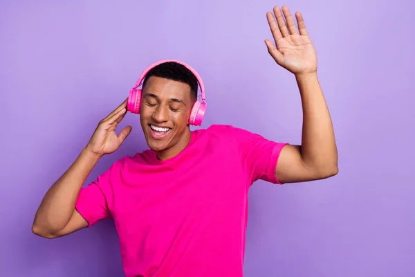 Photo Young Excited Positive Guy Hand Celebrate Party Event Listen — Stock Photo, Image