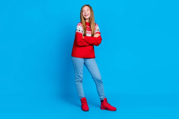Hayalperest Liseli Kızın Tam Boy Fotoğrafı Kırmızı Kostüm Süveter Kolları — Stok fotoğraf