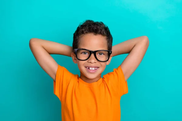 Foto Funky Dreamy Little Guy Dressed Orange Shirt Spectacles Arms —  Fotos de Stock