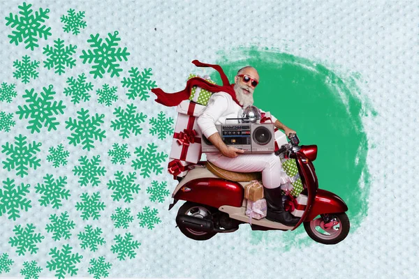 Κολάζ Φωτογραφία Αφίσα Του Ηλικιωμένου Συνταξιούχου Οδήγησης Μοτοποδηλάτων Παράδοση Χριστούγεννα — Φωτογραφία Αρχείου