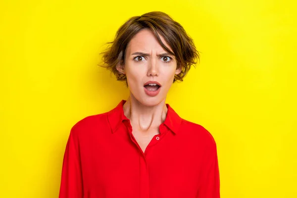 stock image Closeup photo of young attractive office manager woman bob brown hair wear bright red shirt unexpected low salary isolated on yellow color background.